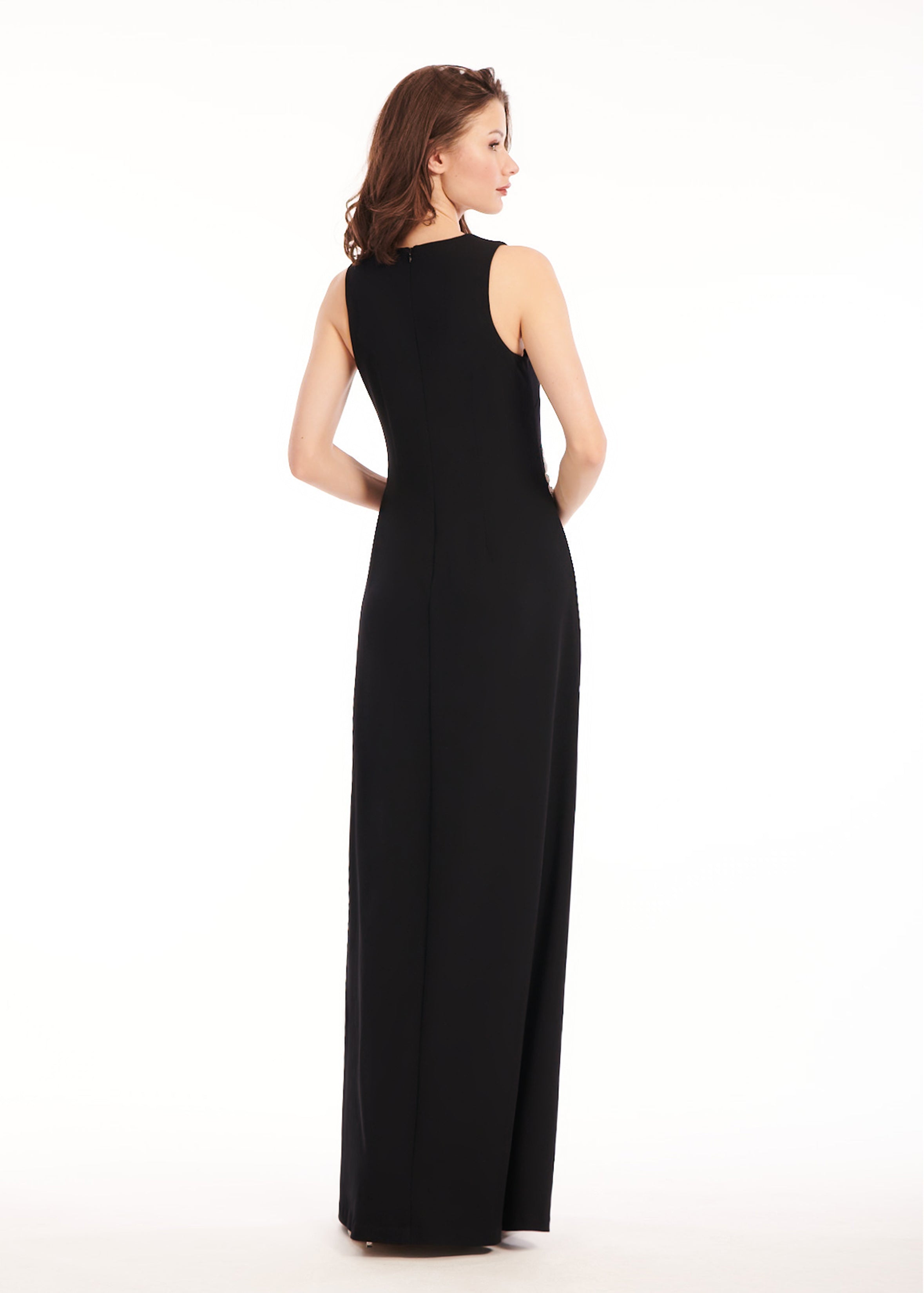 CREPE GOWN WITH APPLIQUE FLOWERS BLACK/ IVORY