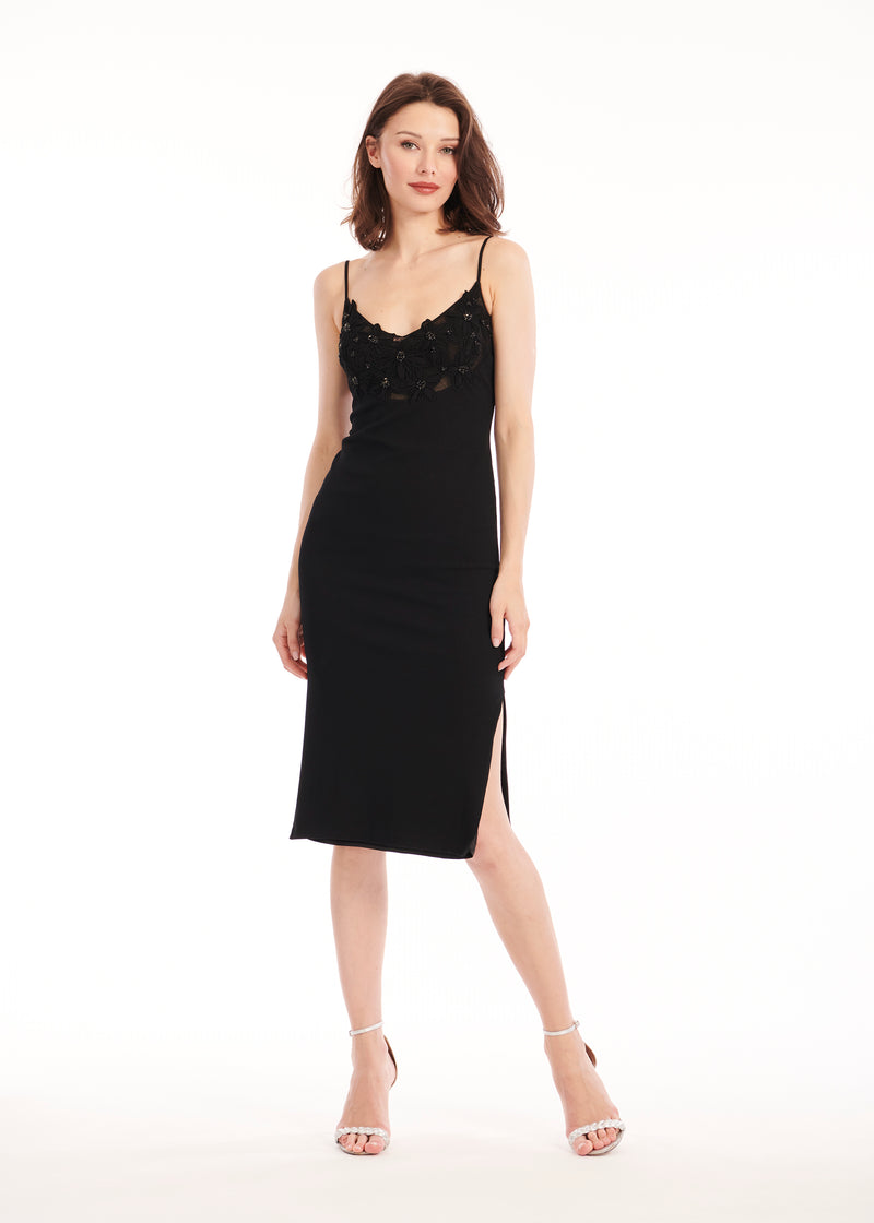 CREPE SLIP DRESS WITH FLORAL APPLIQUE BLACK