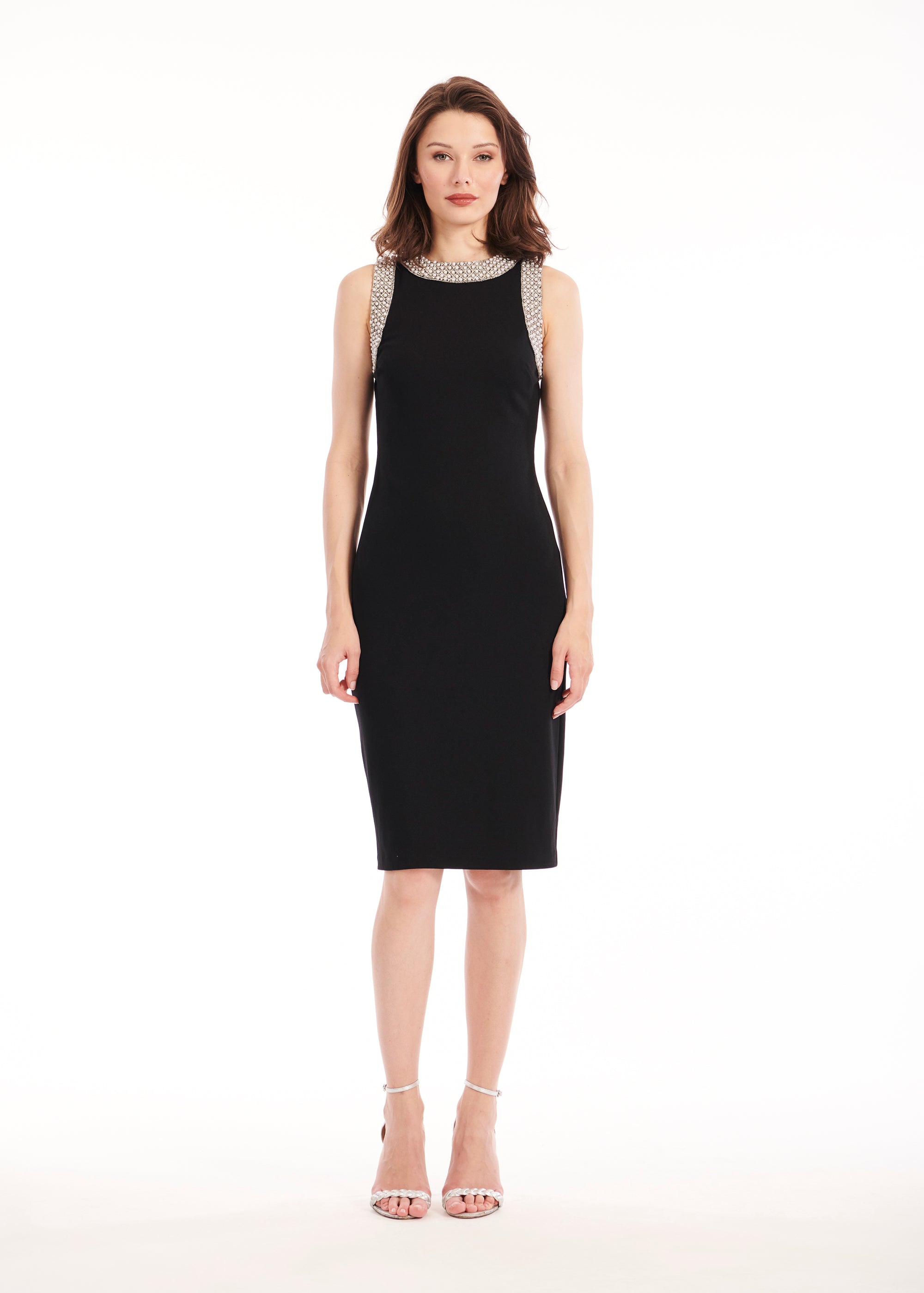 STRETCH CREPE MIDI SHIFT DRESS WITH PEARL TRIM