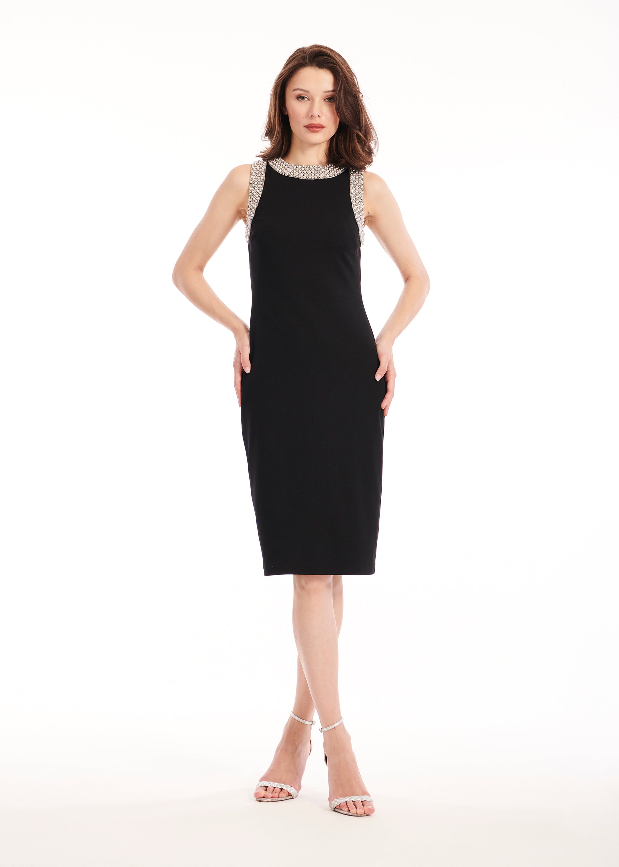 STRETCH CREPE MIDI SHIFT DRESS WITH PEARL TRIM