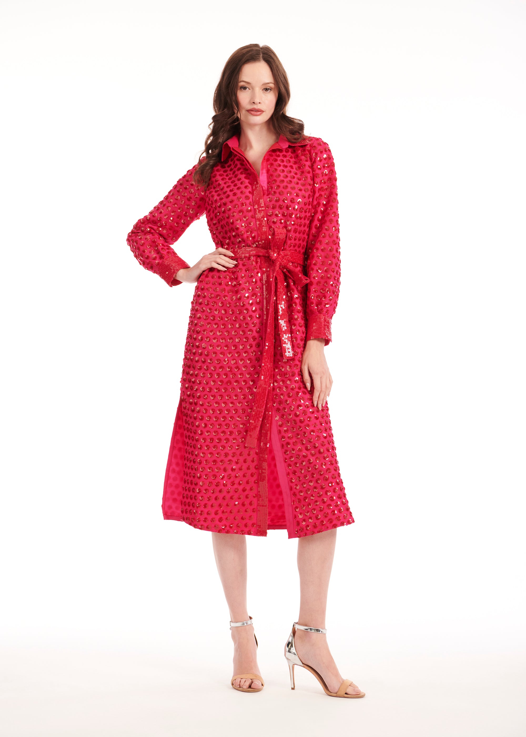 SEQUIN DOT MIDI SHIRT DRESS WATERMELON