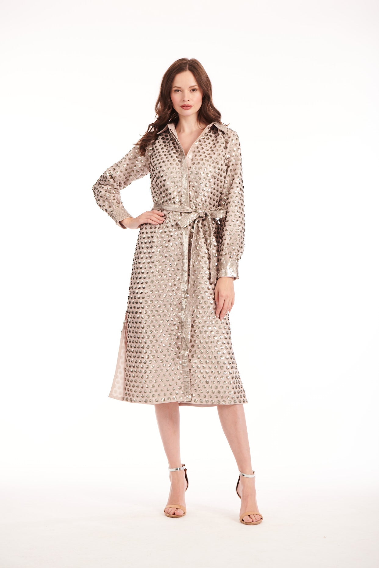 SEQUIN DOT MIDI SHIRT DRESS OYSTER