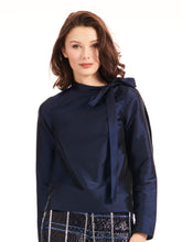 Load image into Gallery viewer, NAVY TIE NECK TAFFETA TOP
