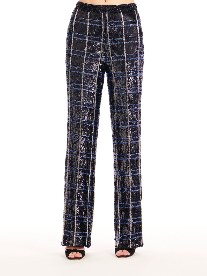 NAVY PLAID SEQUIN AND BEADED PANTS