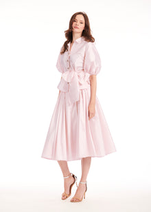 TAFFETA PUFF SLEEVE BLOUSE WITH CRYSTAL FLOWER BUTTONS BLUSH