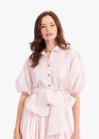 TAFFETA PUFF SLEEVE BLOUSE WITH CRYSTAL FLOWER BUTTONS BLUSH