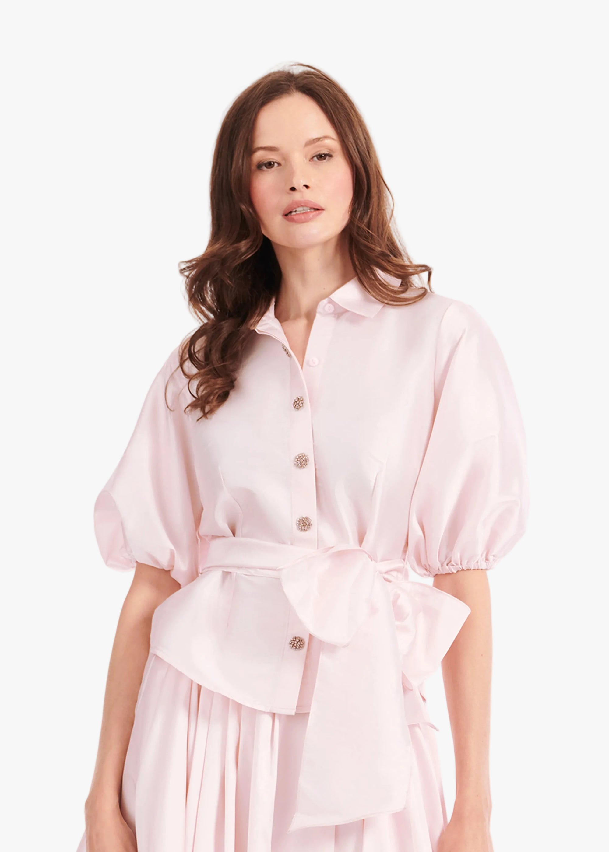 TAFFETA PUFF SLEEVE BLOUSE WITH CRYSTAL FLOWER BUTTONS BLUSH