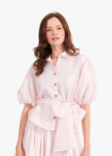 TAFFETA PUFF SLEEVE BLOUSE WITH CRYSTAL FLOWER BUTTONS BLUSH