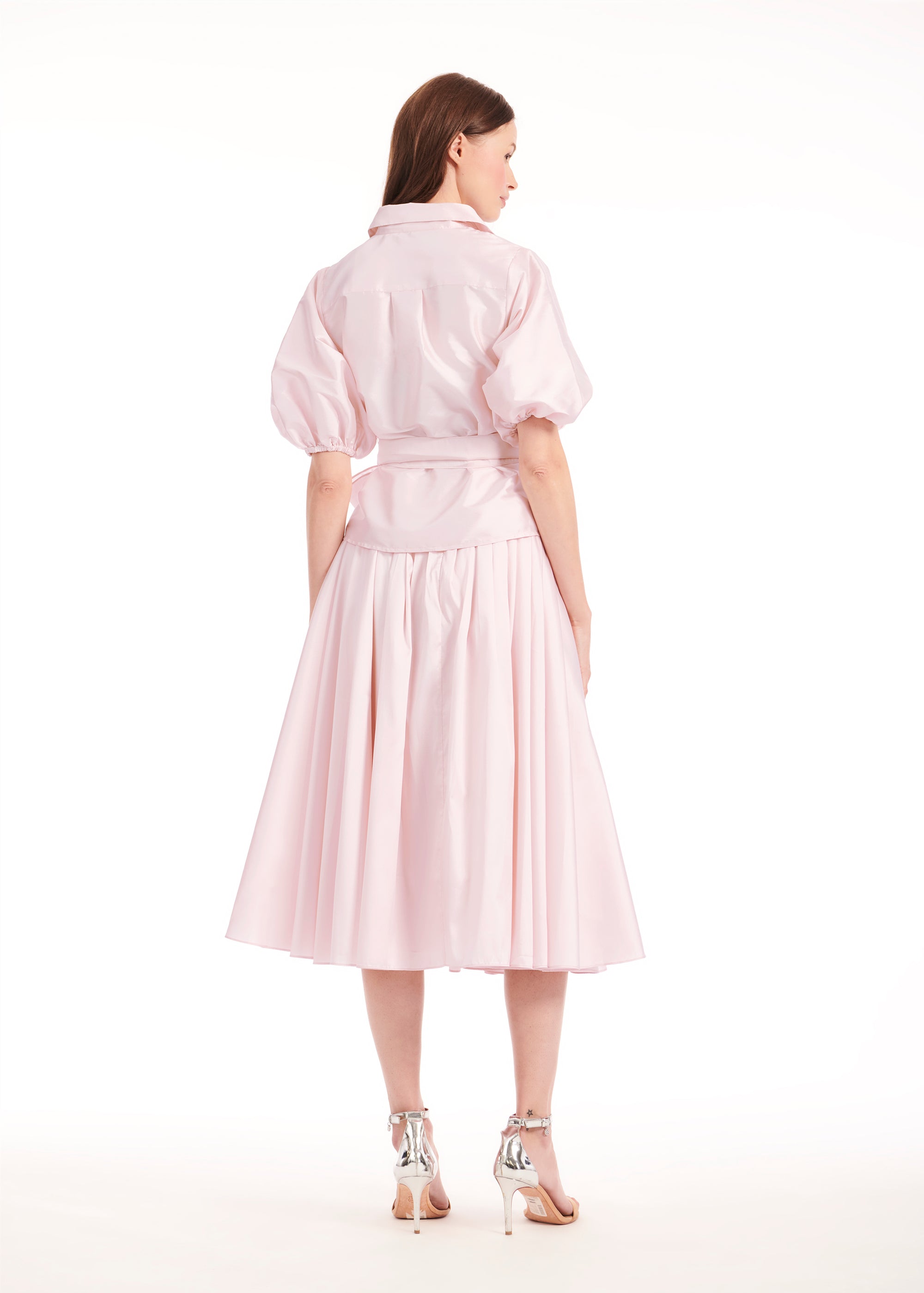 TEA LENGTH PLEATED SOFT TAFFETA MIDI SKIRT BLUSH