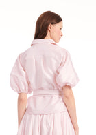 TAFFETA PUFF SLEEVE BLOUSE WITH CRYSTAL FLOWER BUTTONS BLUSH