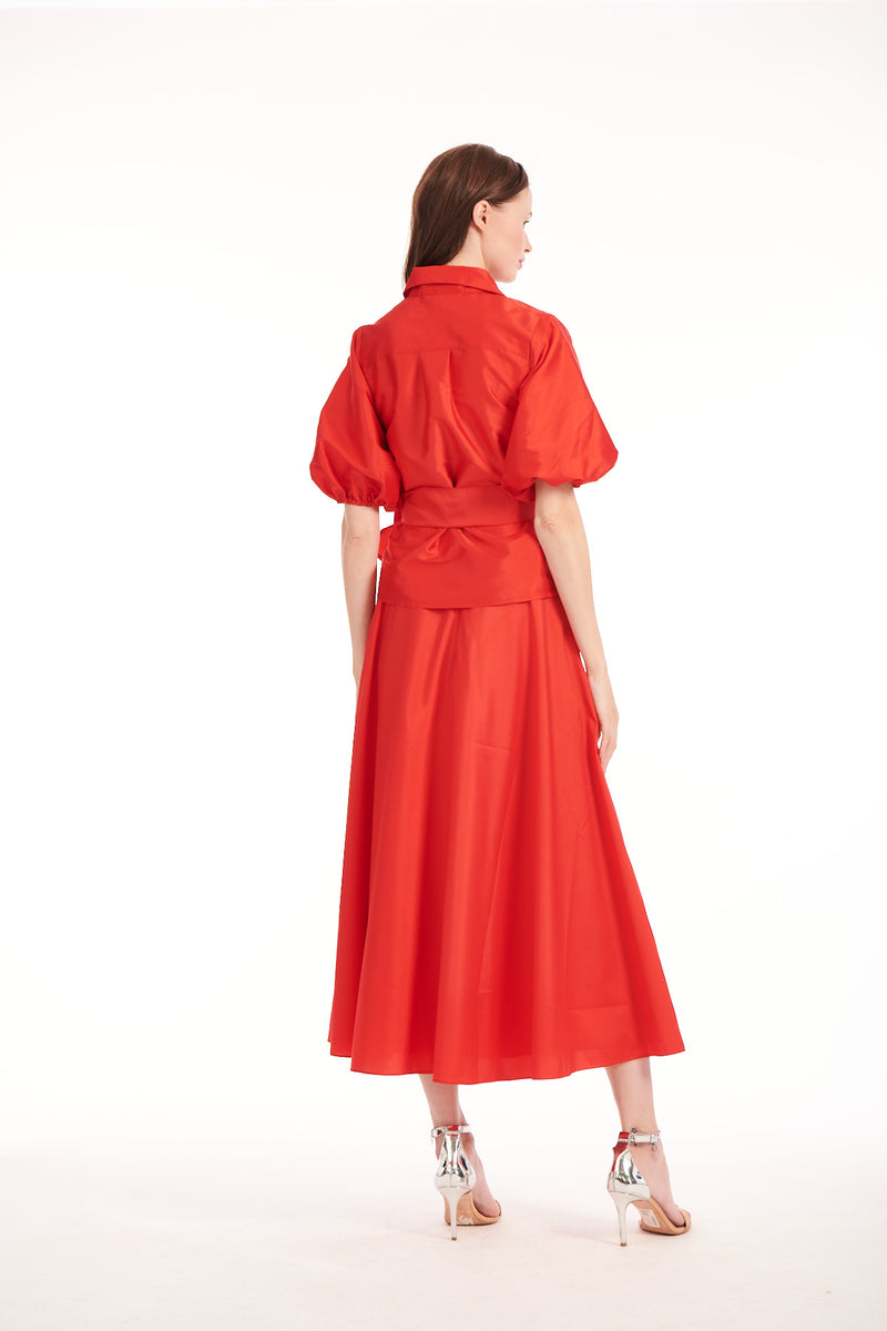 A-LINE TAFFETA MIDI SKIRT TOMATO