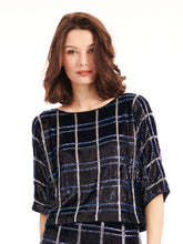 Load image into Gallery viewer, NAVY MULTI PLAID SEQUIN AND BEADED MIDI SKIRT
