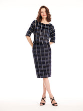 Load image into Gallery viewer, NAVY MULTI PLAID SEQUIN AND BEADED MIDI SKIRT
