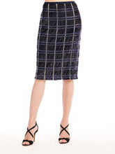 Load image into Gallery viewer, NAVY MULTI PLAID SEQUIN AND BEADED MIDI SKIRT
