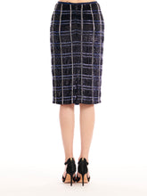 Load image into Gallery viewer, NAVY MULTI PLAID SEQUIN AND BEADED MIDI SKIRT
