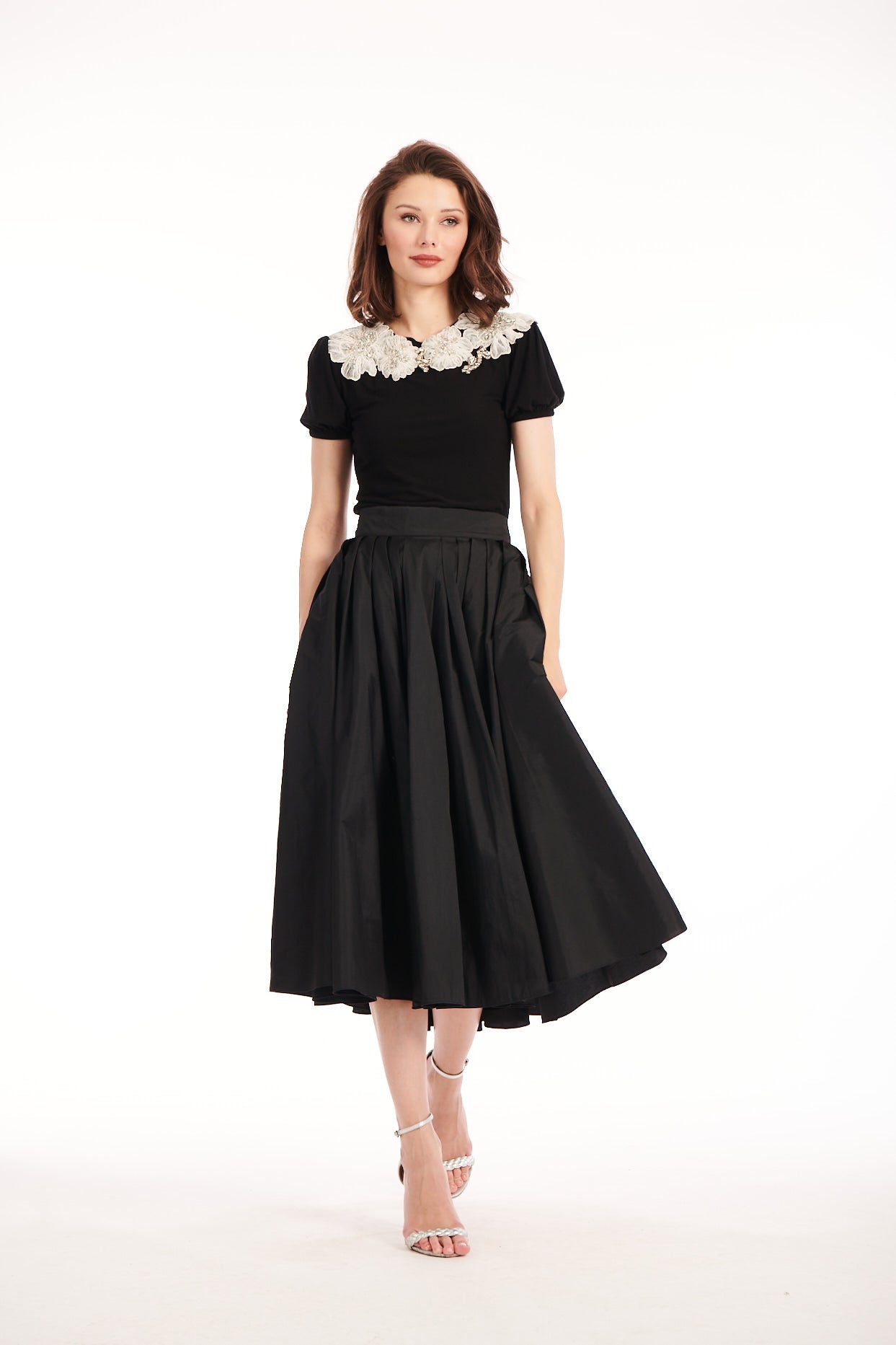 TEA LENGTH PLEATED SOFT TAFFETA MIDI SKIRT BLACK | Emily Shalant