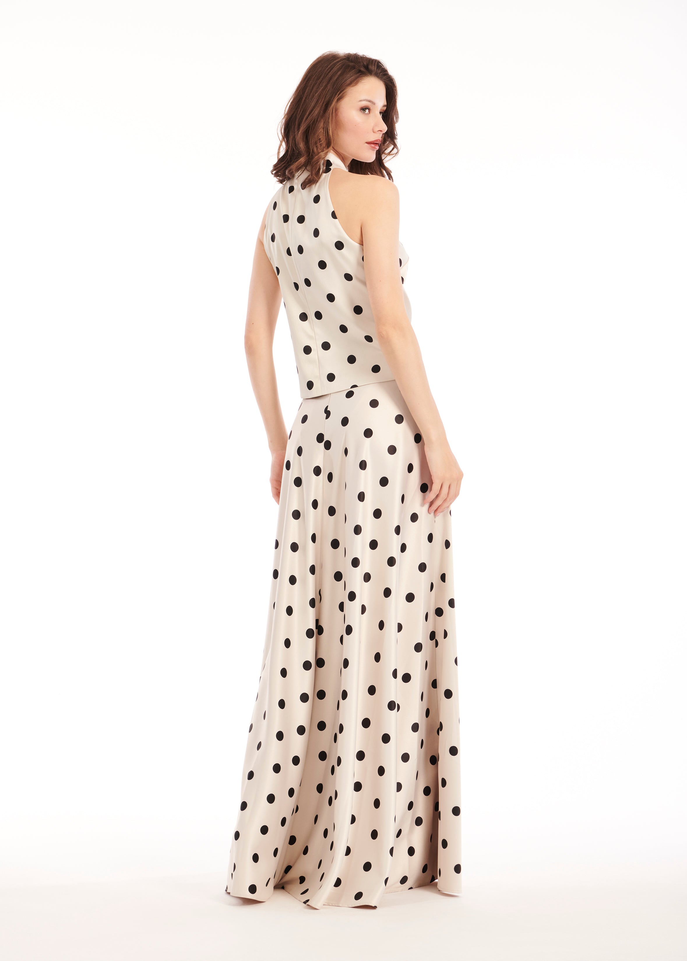 【BAON】Niola Dot Nylon Layered Long Skirt STRETCH SATIN DOT A-LINE LONG SKIRT - IVORY/BLACK | Emily