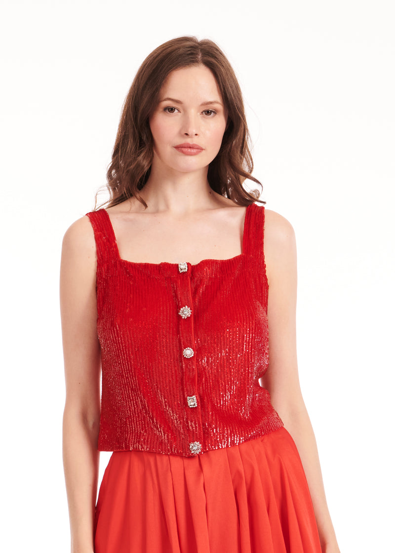 SEQUIN VEST WITH JEWELED BUTTONS TOMATO