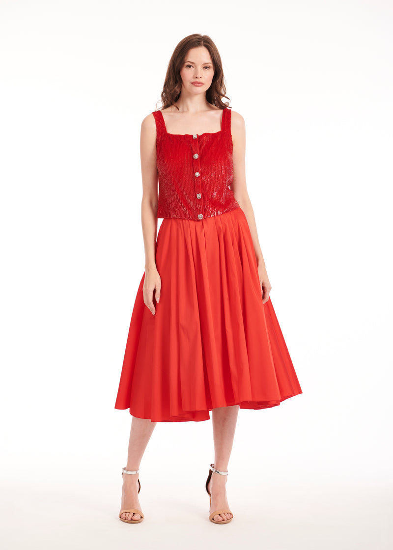 TEA LENGTH PLEATED SOFT TAFFETA MIDI SKIRT TOMATO