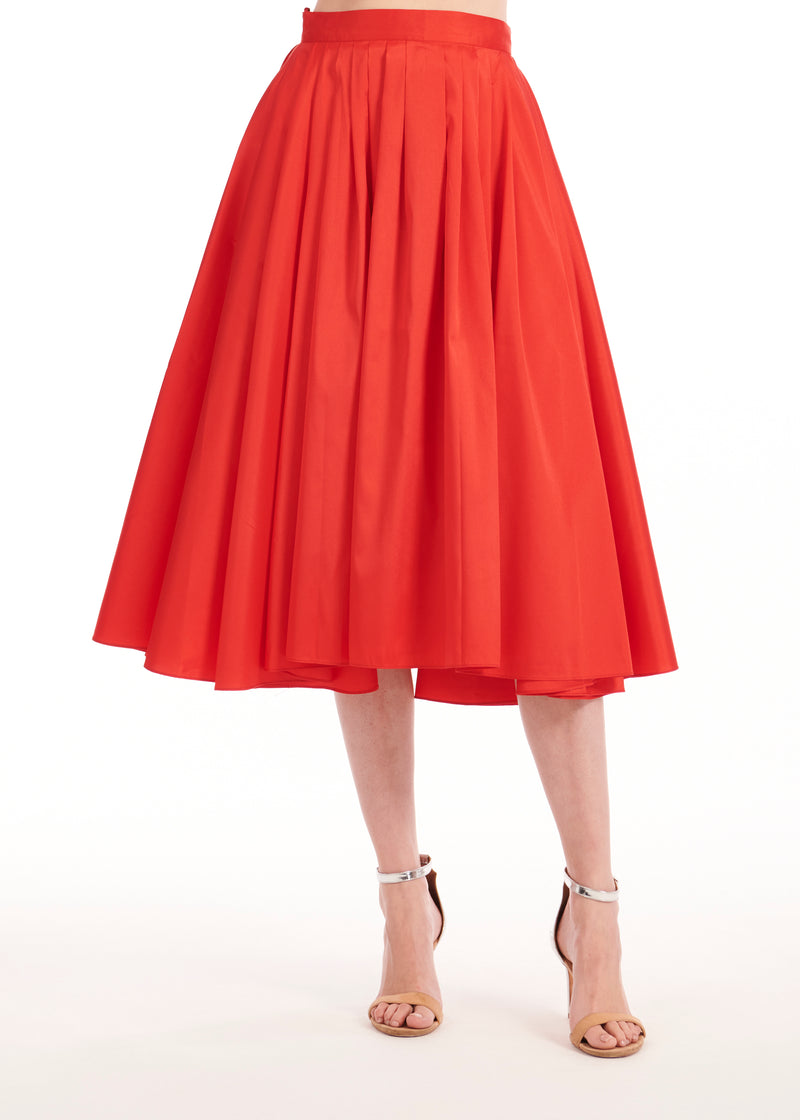 TEA LENGTH PLEATED SOFT TAFFETA MIDI SKIRT TOMATO