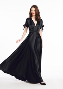 STRETCH SATIN VNECK GOWN BLACK