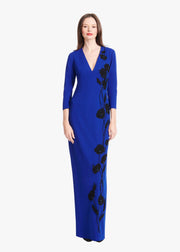 STRETCH CREPE VNECK GOWN WITH APPLIQUE FLOWERS ROYAL