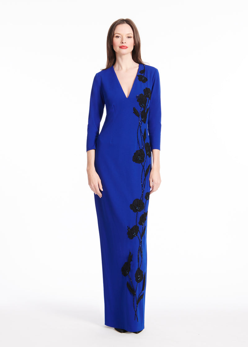 STRETCH CREPE VNECK GOWN WITH APPLIQUE FLOWERS ROYAL