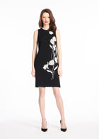 STRETCH CREPE SHIFT DRESS WITH APPLIQUE FLOWERS AND VINE