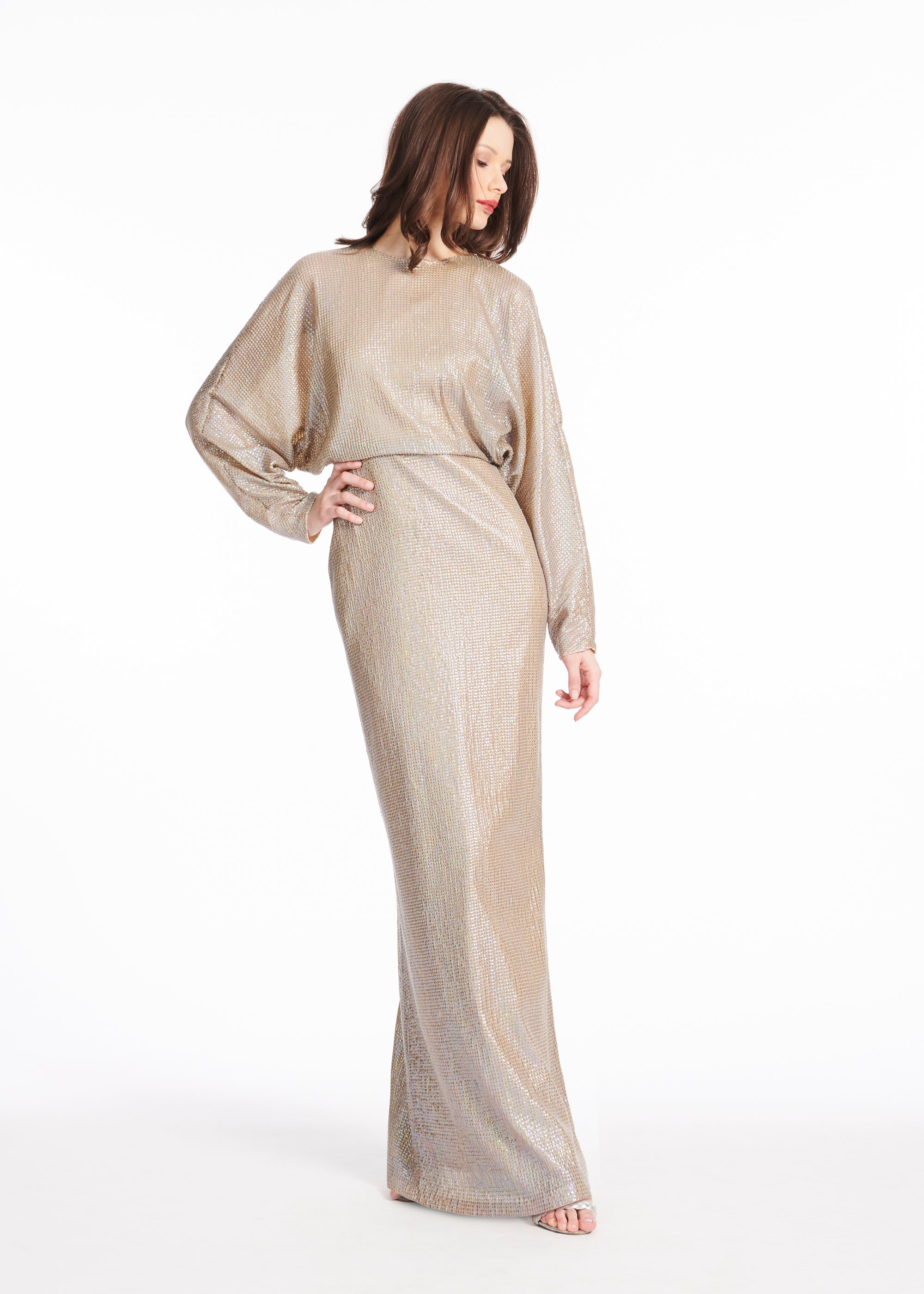 DOME SEQUIN DOLMAN SLEEVE BLOUSON GOWN SANDSTONE