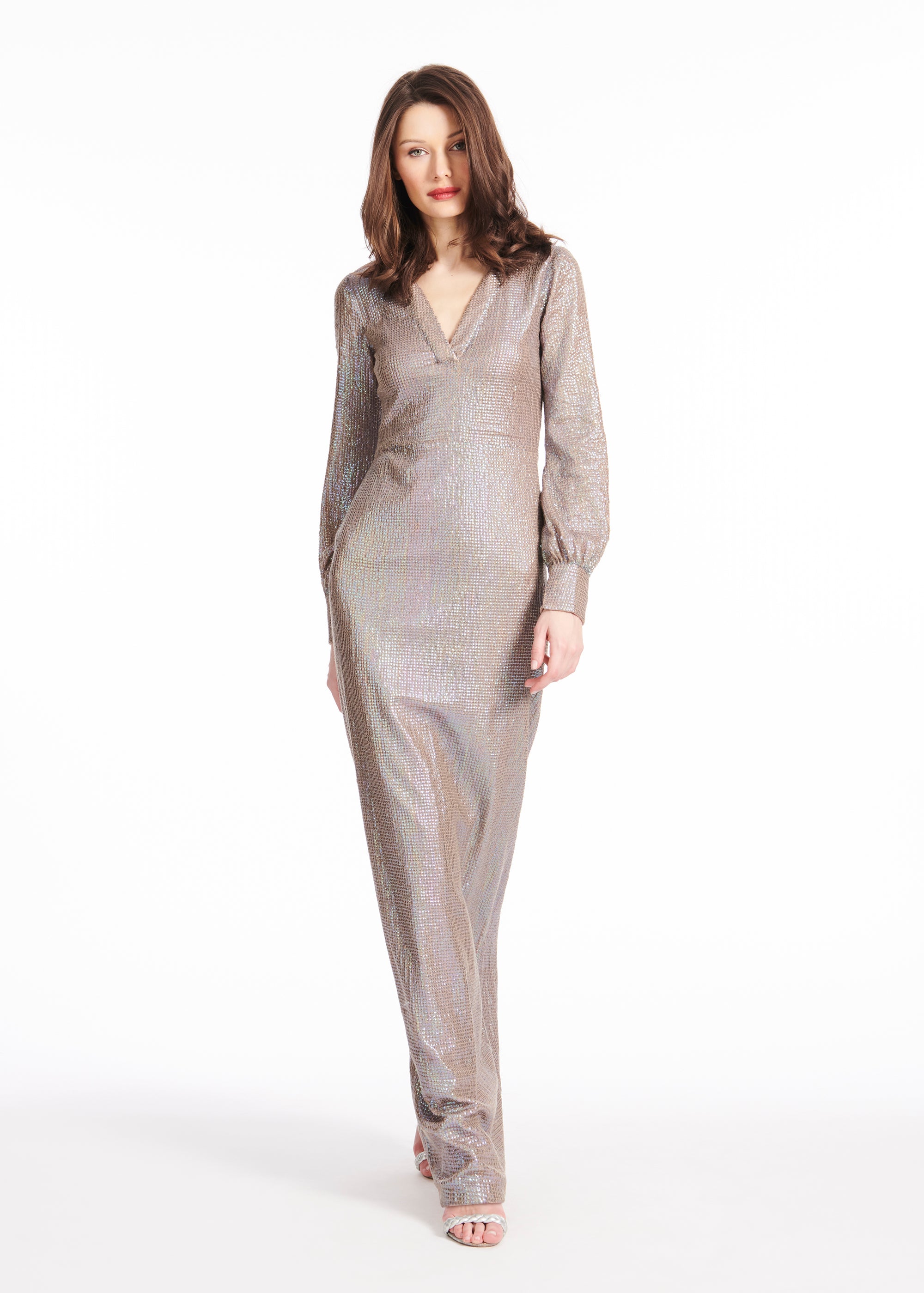 SEQUIN VNECK GOWN WITH BLOUSON SLEEVE PLATINUM