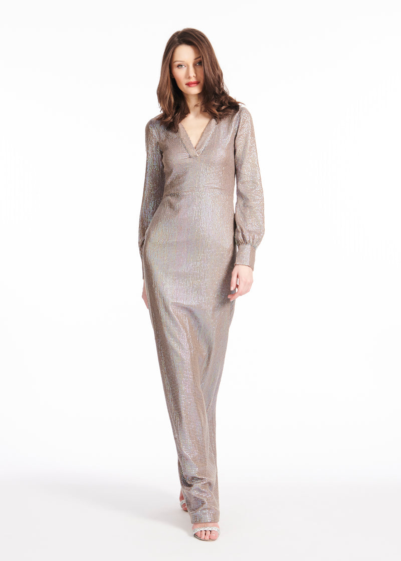 SEQUIN VNECK GOWN WITH BLOUSON SLEEVE PLATINUM