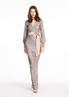 SEQUIN VNECK GOWN WITH BLOUSON SLEEVE PLATINUM