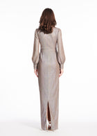 SEQUIN VNECK GOWN WITH BLOUSON SLEEVE PLATINUM