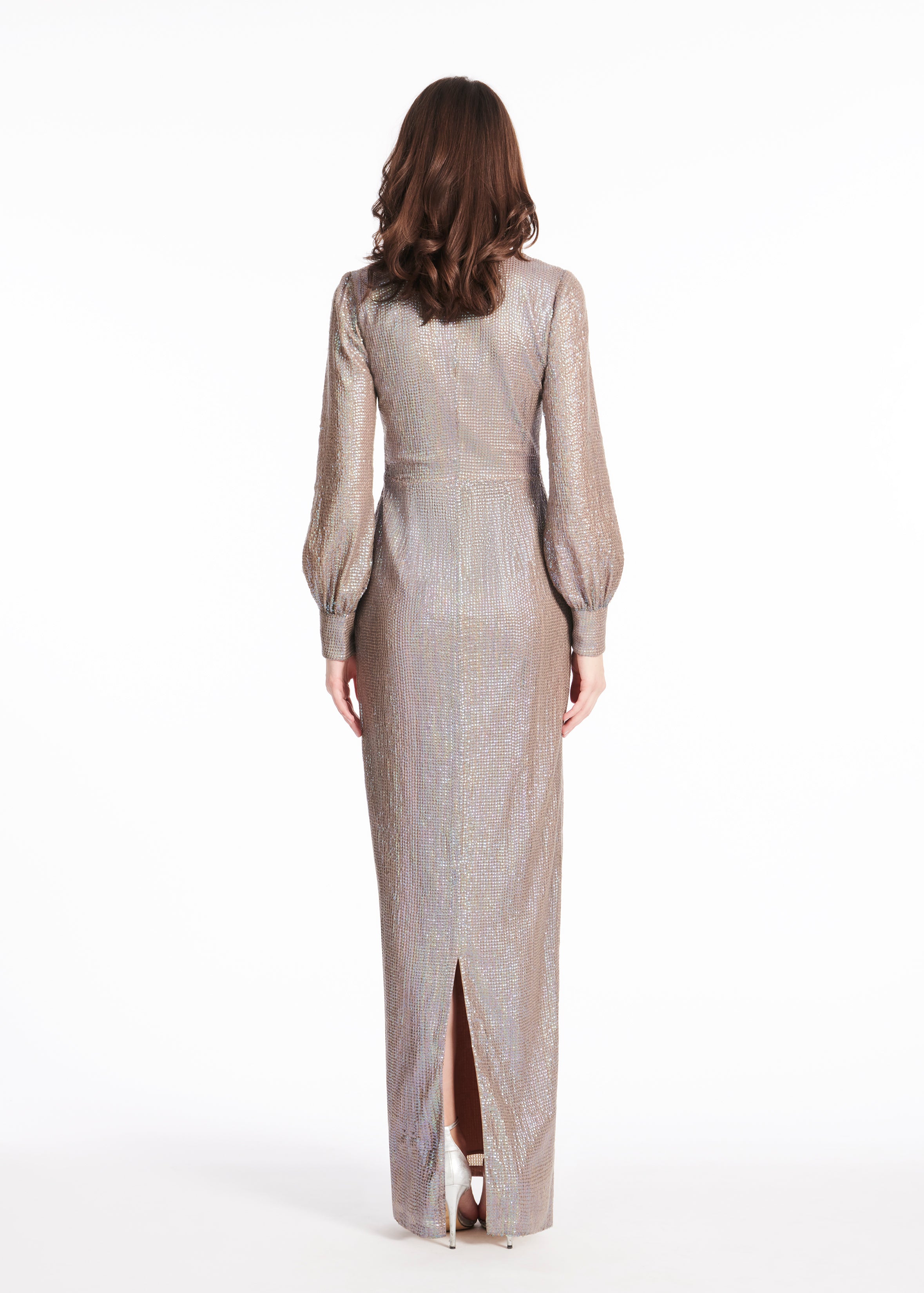 SEQUIN VNECK GOWN WITH BLOUSON SLEEVE PLATINUM