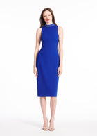 STRETCH CREPE MOCK NECK DRESS WITH LAPIS CRYSTAL BEADING Royal