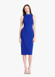 STRETCH CREPE MOCK NECK DRESS WITH LAPIS CRYSTAL BEADING ROYAL