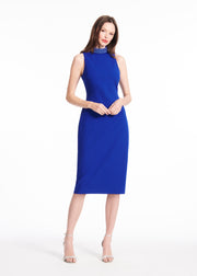 STRETCH CREPE MOCK NECK DRESS WITH LAPIS CRYSTAL BEADING ROYAL