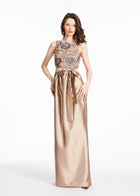 SEQUINED LACE GOWN WITH TAFFETA SKIRT SUNTAN
