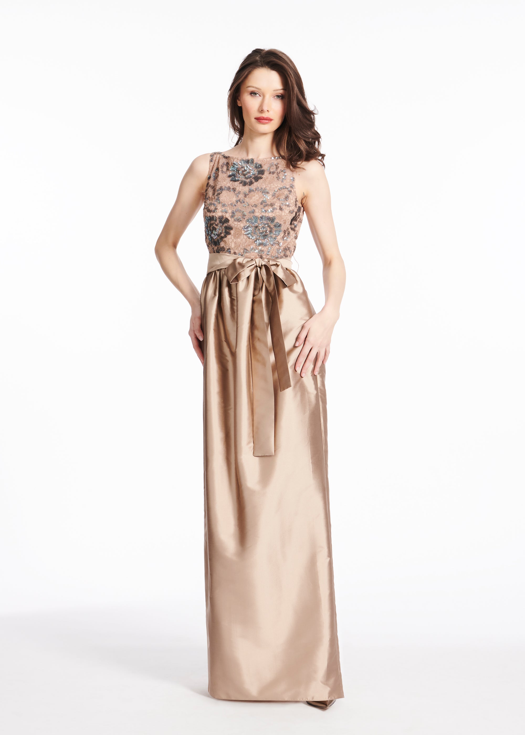 SEQUINED LACE GOWN WITH TAFFETA SKIRT SUNTAN