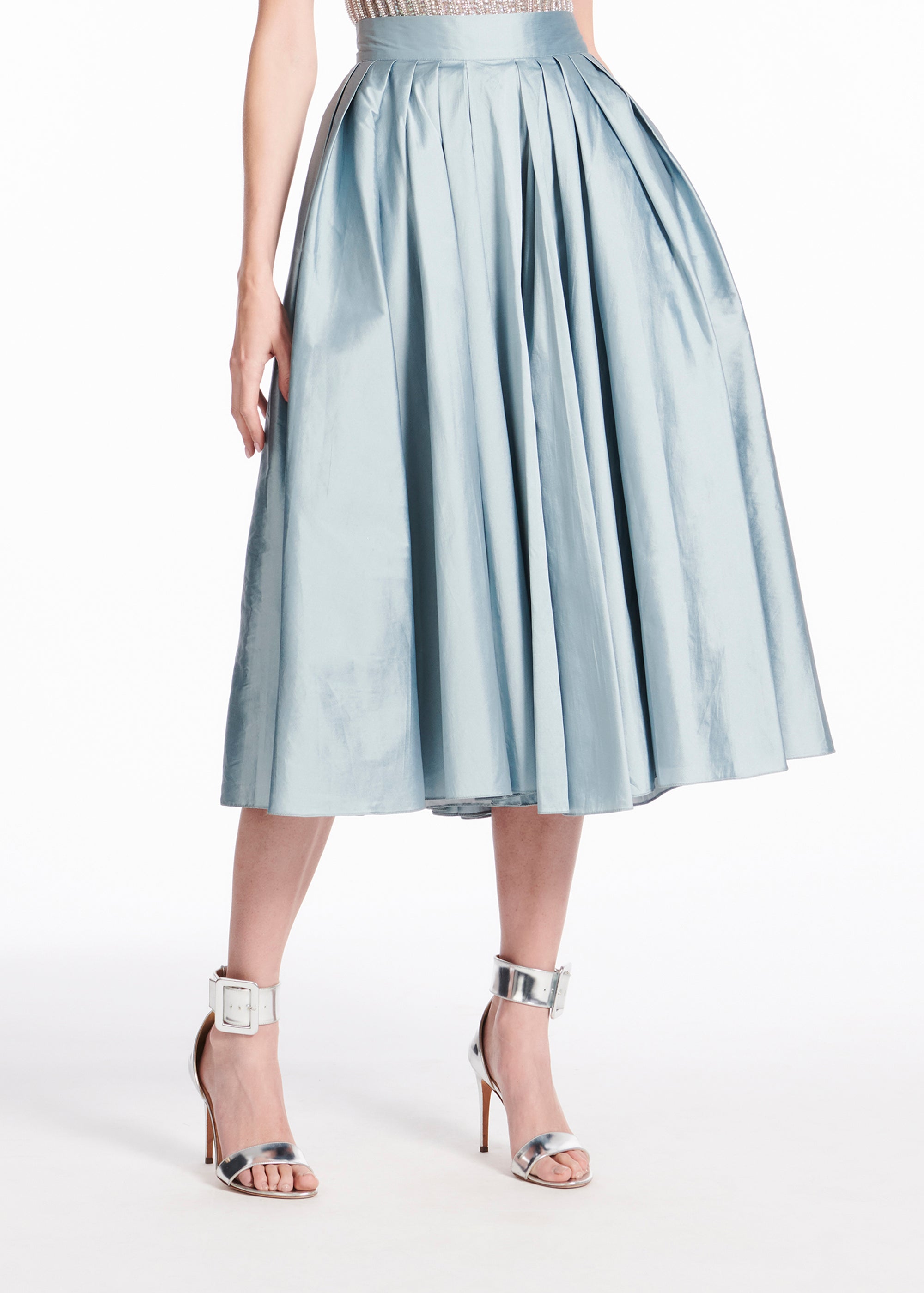 TEA LENGTH PLEATED SOFT TAFFETA MIDI SKIRT LIGHT BLUE