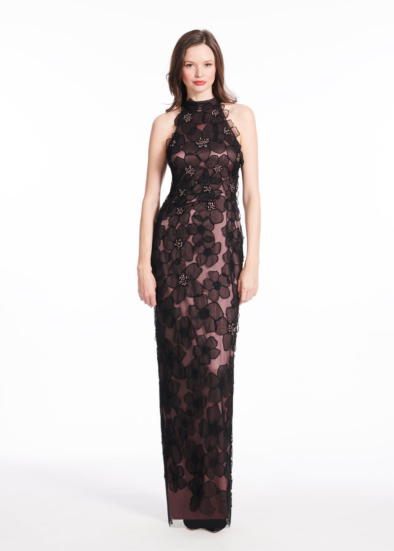 DELICATE FLOWER MOCK NECK GOWN