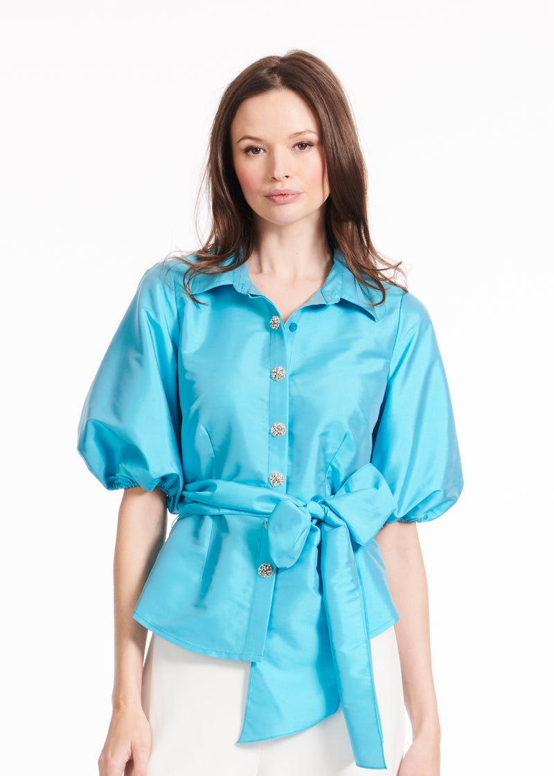 TAFFETA PUFF SLEEVE BLOUSE WITH CRYSTAL FLOWER BUTTONS POOL