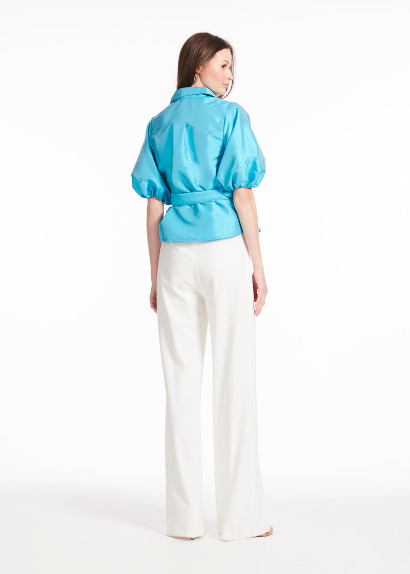 TAFFETA PUFF SLEEVE BLOUSE WITH CRYSTAL FLOWER BUTTONS POOL