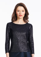 STRETCH SEQUIN 3/4 SLEEVE BALLET NECK TOP NAVY