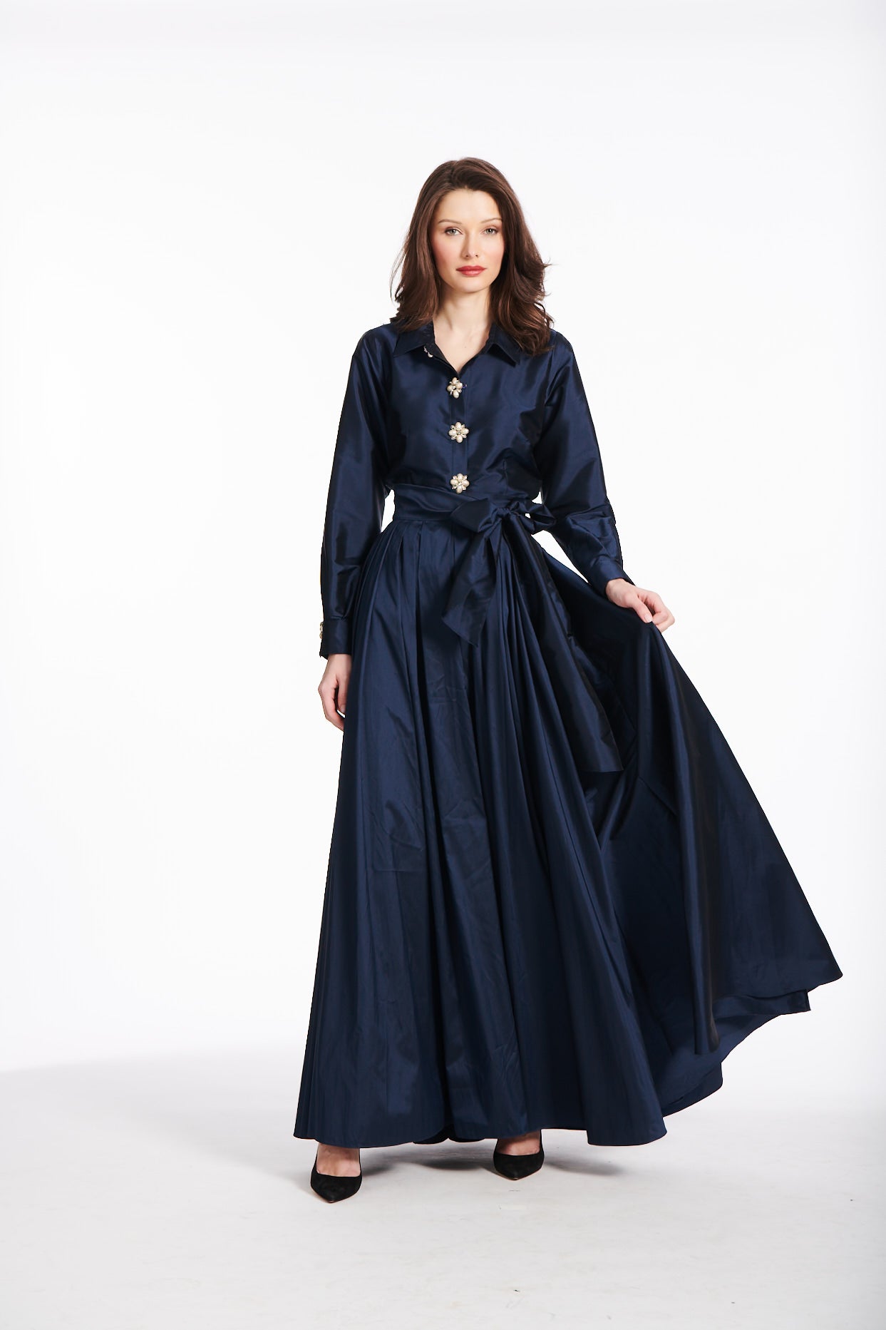TAFFETA BLOUSE WITH RENAISSANCE PEARL BUTTONS LIGHT BLUE