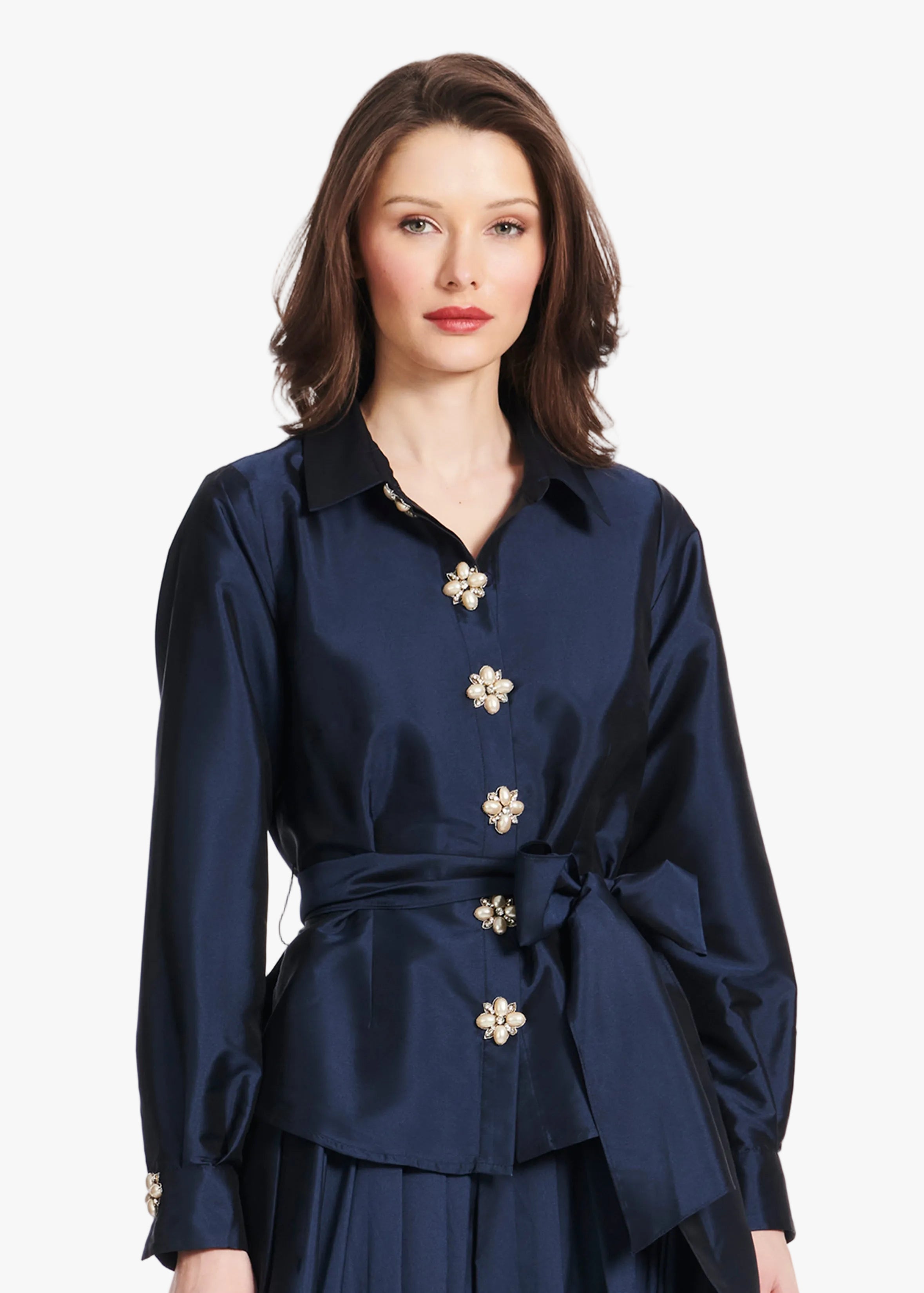 TAFFETA BLOUSE WITH RENAISSANCE PEARL BUTTONS NAVY | Emily Shalant