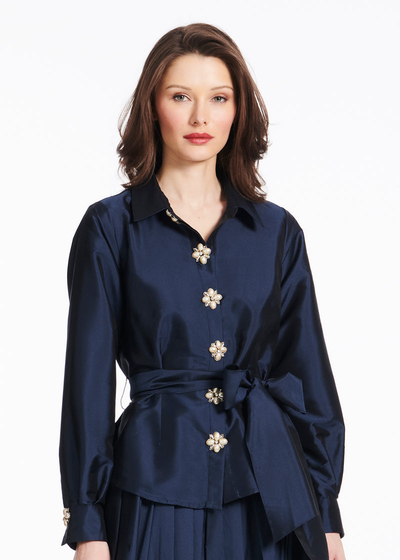 TEA LENGTH PLEATED SOFT TAFFETA MIDI SKIRT NAVY