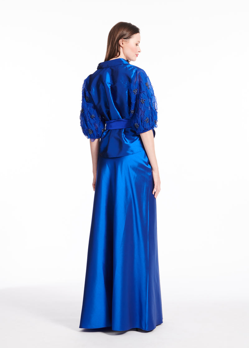 TAFFETA BLOUSE WITH DELICATE FLOWER PUFF SLEEVES ROYAL