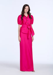 TAFFETA PUFF SLEEVE BLOUSE WITH CRYSTAL LOCKET HEART BUTTONS WATERMELON