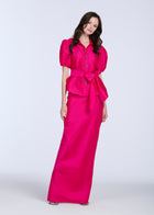 TAFFETA PUFF SLEEVE BLOUSE WITH CRYSTAL BOW HEART BUTTONS WATERMELON